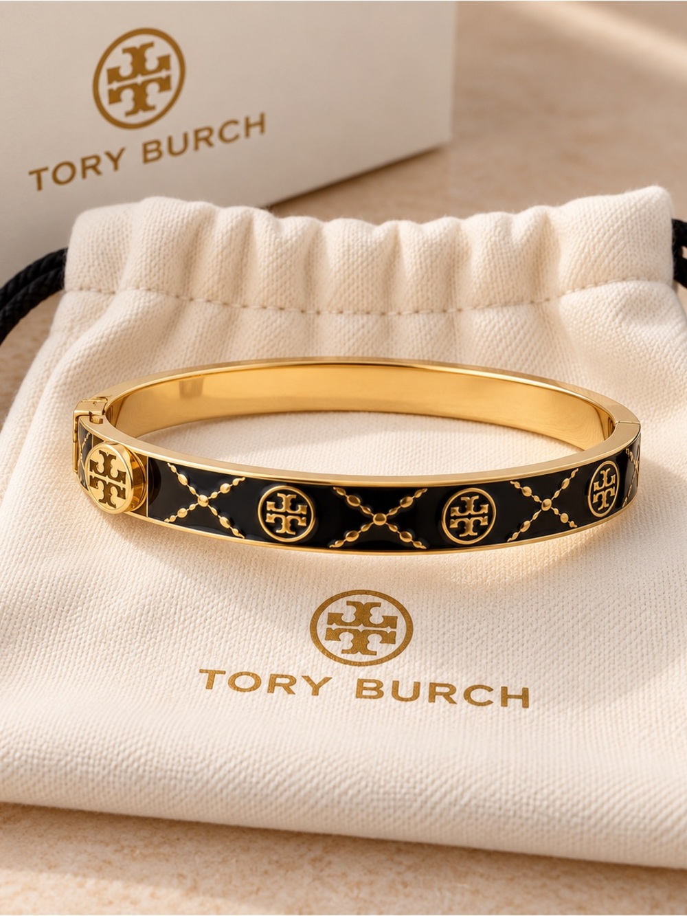 Tory Burch Black and Gold Enamel Logo Hinge Bangle